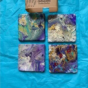 Handmade one of a kind ceramic Abstract Coaster Set - Purple and Blue